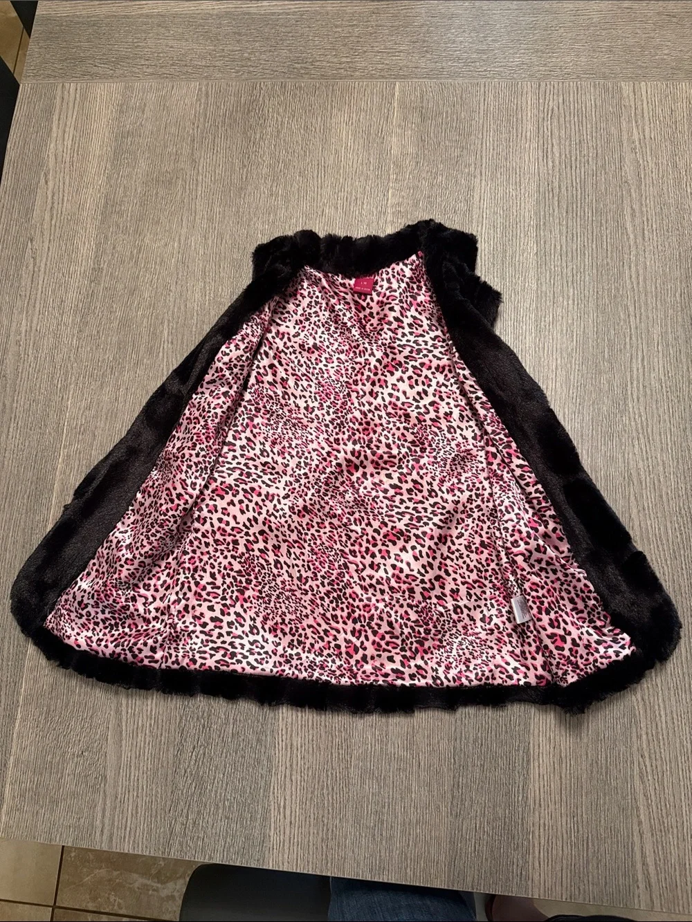 Girls' Black Faux Fur Vest with Pink Leopard Lining